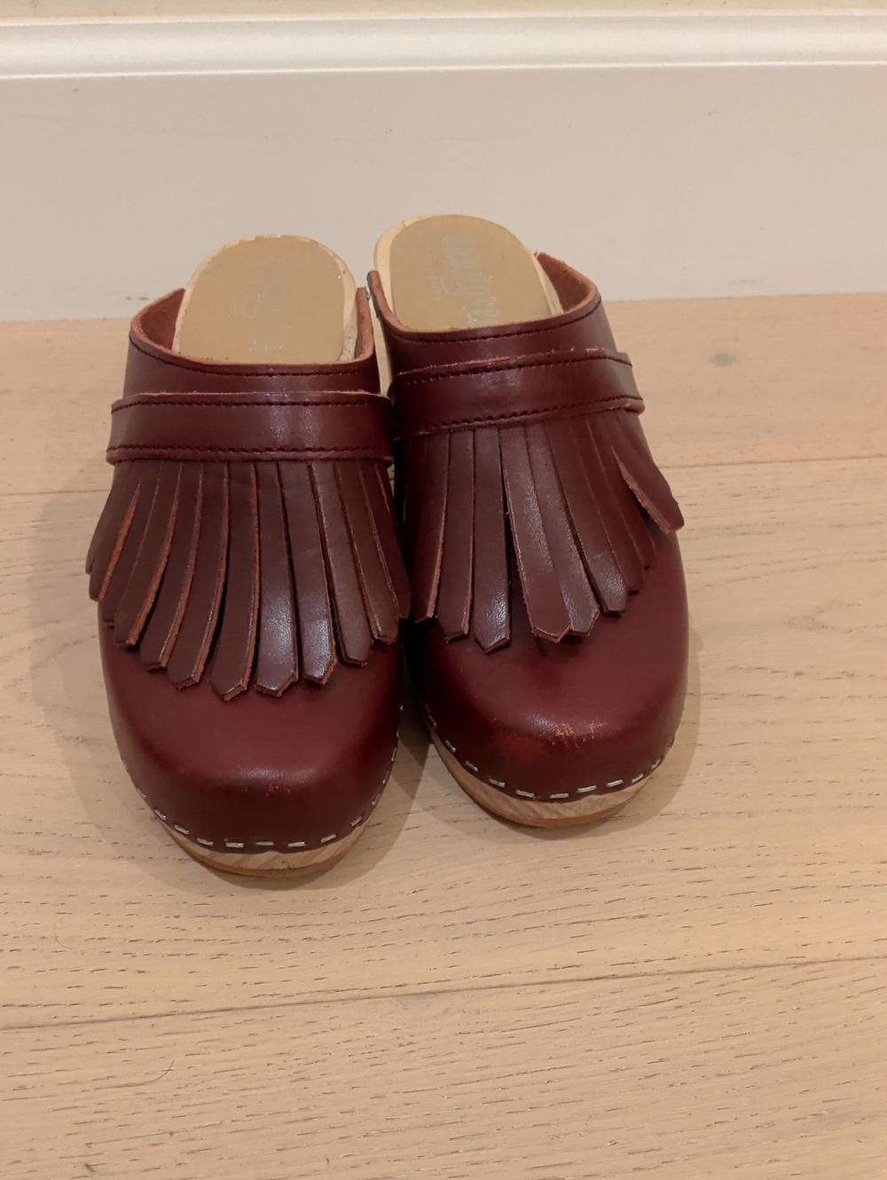 Swedish Burgundy Fringe Clog Slip-Ons